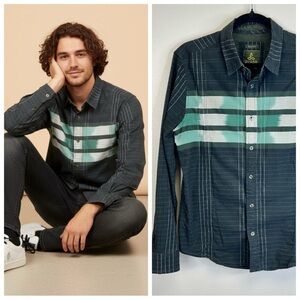 Prana Mens S Organic Cotton Teal Charcoal Slim Fit Button Up Shirt